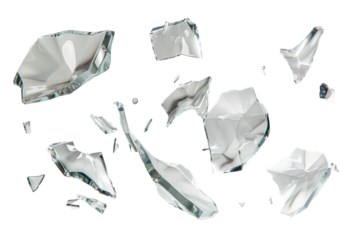 Smashed glass pieces, floating in mid-air, white background