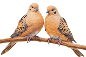 Two light brown doves perched on a branch against a white background. Suitable for nature-themed designs, greeting cards, and wildlife illustrations