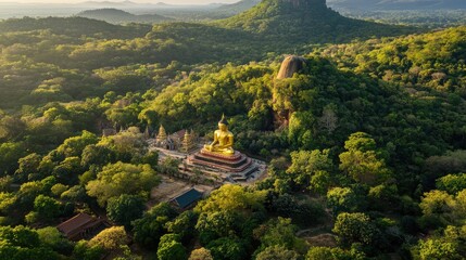 Aerial view of the historic Dambulla Cave Temple complex, with its golden Buddha statues and surrounding forests