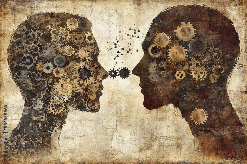Poster memory techniques romance novel abstract profiles of man and woman with gears for brains emphasizing