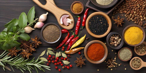 Realistic Photography of a Set of Indian Fresh Assorted Spices on a Rustic Wooden Table, Captivating Top View with Huge Copy Space for Text. Landscape Background with a Mix of Spices. Generative AI.