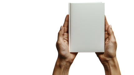 Hand holding a blank white hardcover book, isolated in PNG format, perfect for publishing and design projects