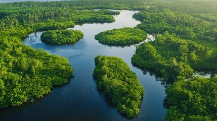 Aerial view of the mangrove forests and wildlife habitats around Pulau Kaget in South Kalimantan