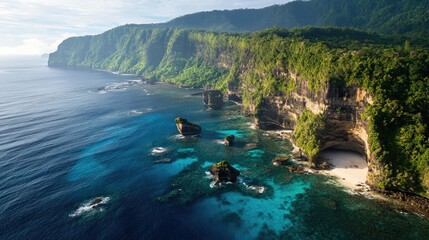 Fototapeta premium Aerial view of the rugged cliffs and hidden coves of the island of Weh in Aceh, Sumatra