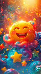 A sweet emoji with a playful wink and a mischievous smile, surrounded by vibrant stars and playful doodles.