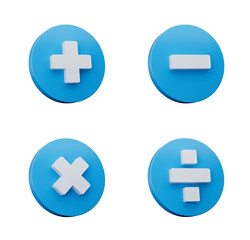Obraz premium 3d Plus, Minus, Multiply And Divide Signs With Blue Buttons On White Background, 3d illustration 