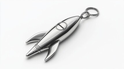 A metallic rocket-shaped keychain with a keyring attachment.
