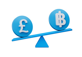 3d White Pound And Baht Symbol On Rounded Blue Icons With 3d Balance Weight Seesaw, 3d illustration
