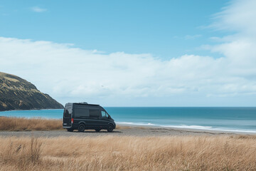 Coastal Journey: A Black Van Traveling a Scenic Coastal Route