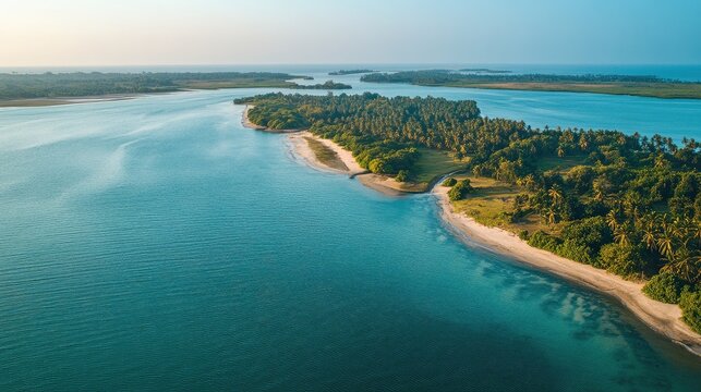 Aerial view of the tranquil lagoon and sandbars of Puttalam, with palm-fringed shores and calm waters