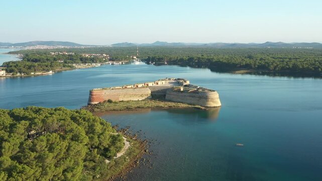 Amazing Adriatic seascape, Saint Nicholas fortress in Sibenik bay, Dalmatia, Croatia