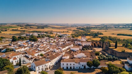 Fototapeta premium Aerial view of the vast plains and whitewashed buildings of , with its ancient Roman temple and aqueduct