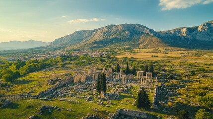 Obraz premium Bird's-eye view of the ancient city of Corinth, with its archaeological ruins set against a mountainous backdrop