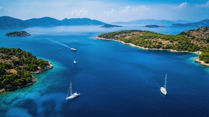 Obraz premium Bird's-eye view of the blue waters of the Aegean Sea, dotted with small, white sailboats, and distant islands