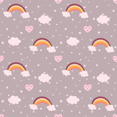 Cute rainbow Seamless pattern with clouds. Rainbow Childish texture for fabric, textile, apparel, wallpaper. Vector illustration