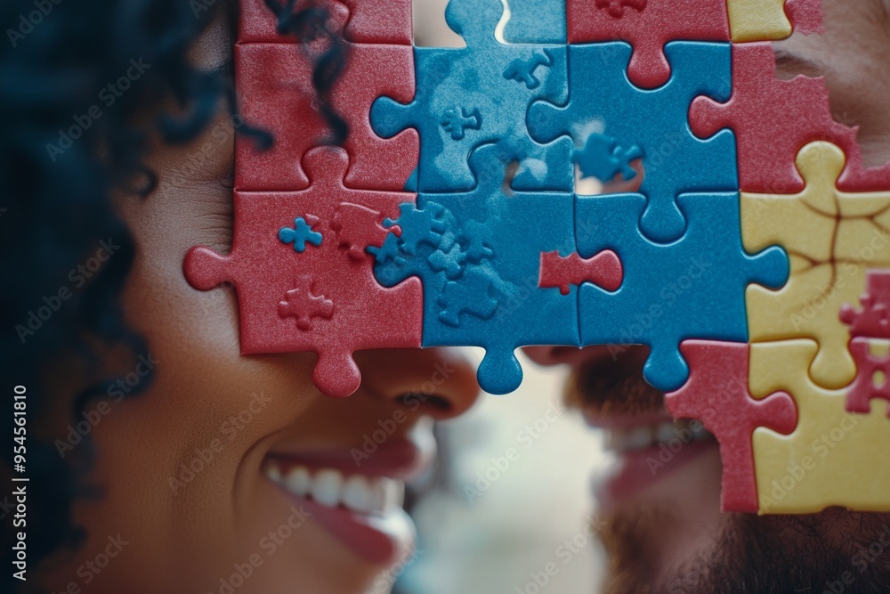 Poster Memory enhancement Love affair Close up of two profiles with interlocking puzzle pieces symbolizing the complexity of relationships the merging of thoughts and deep connection between individual