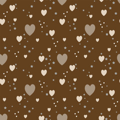 Seamless pattern with beige heart and stars. Heart background for Valentines Day. Childish texture for fabric, textile, apparel, wallpaper. Vector illustration