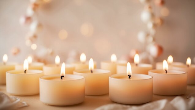 A beautifully arranged collection of several tealight candles glowing warmly, creating a soft and inviting atmosphere that enhances relaxation and a cozy ambiance.