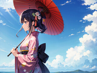 和傘を持つ着物を着た日本の女性