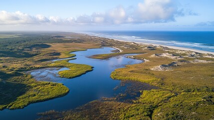 Fototapeta premium Bird's-eye view of the expansive dune fields and wetlands of the De Hoop Nature Reserve, with coastal views
