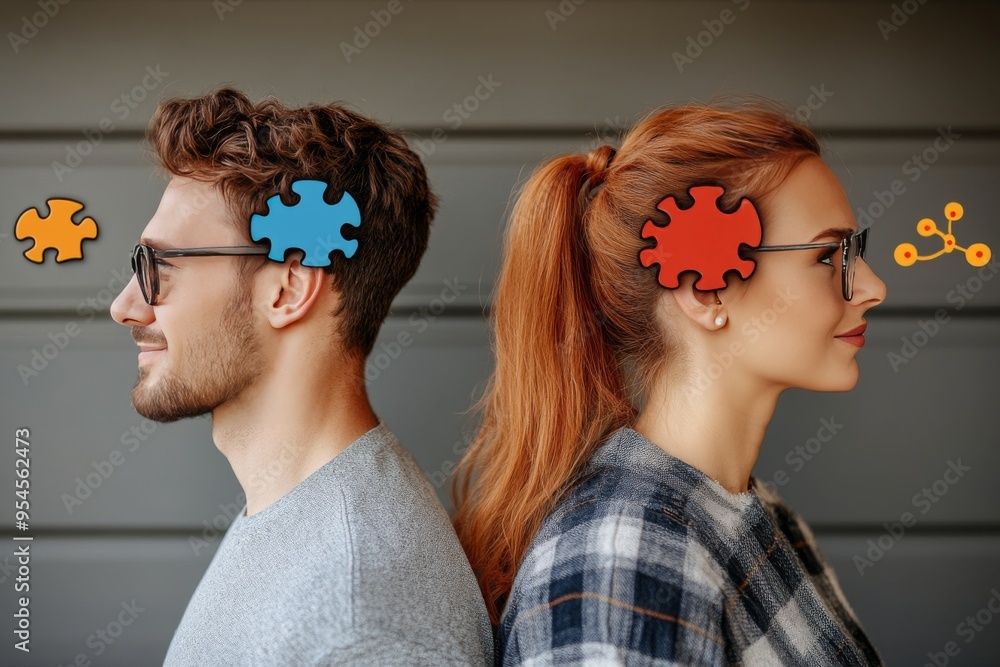 Poster mental sharpness love affair side view of a couple with puzzle piece brains highlighting the challen