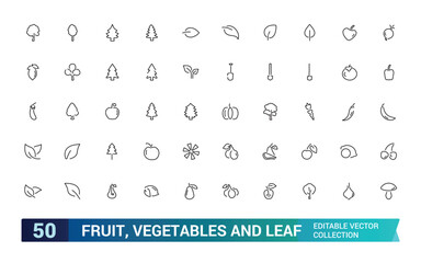 Fruit, vegetables and leaf line icons set. Agriculture vector illustration. Outline signs for gardening. Editable stroke icons.