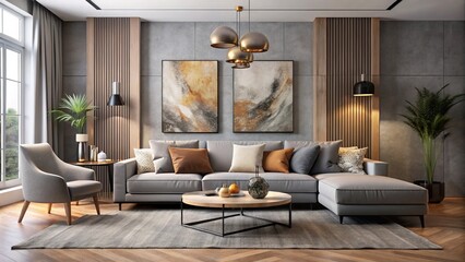 A neutral gray sofa anchors the space, paired with a low-profile coffee table and abstract wall art featuring