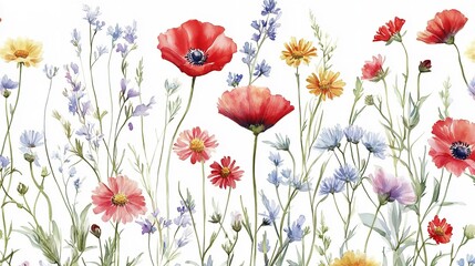 Soft seamless pattern featuring pastel watercolor wildflowers on a white background, ideal for textiles and wallpapers.