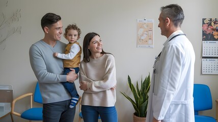Happy family on a visit to the doctor in the office of a doctor.