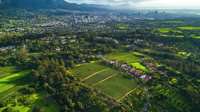 Bird's-eye view of the lush, green vineyards of Constantia Valley, with the city of Cape Town in the background