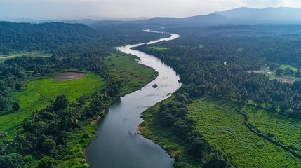 Bird's-eye view of the meandering Mahaweli River, flowing through lush forests and farmlands