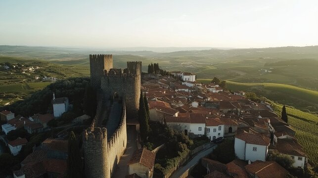 Bird's-eye view of the medieval castle and cobblestone streets of abidos, surrounded by rolling hills and vineyards