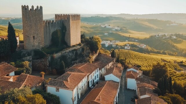 Bird's-eye view of the medieval castle and cobblestone streets of abidos, surrounded by rolling hills and vineyards
