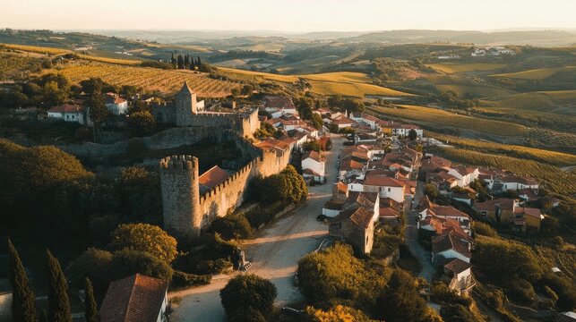 Bird's-eye view of the medieval castle and cobblestone streets of abidos, surrounded by rolling hills and vineyards