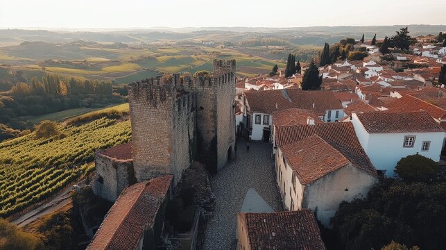 Bird's-eye view of the medieval castle and cobblestone streets of abidos, surrounded by rolling hills and vineyards