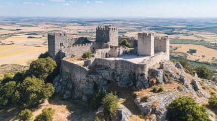 Fototapeta premium Bird's-eye view of the picturesque castle and village of Marvao, with panoramic views over the Alentejo plains