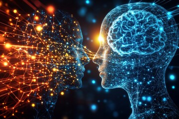Neurocognition Love affair Two profiles with illuminated brain networks in a high tech connected environment symbolizing the exchange of ideas technological integration and evolution of thought
