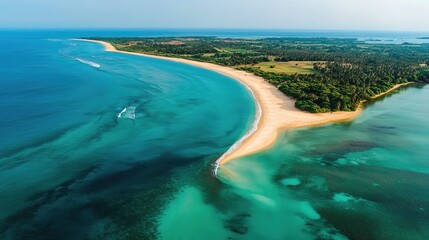 Obraz premium Bird's-eye view of the pristine beaches and clear waters of Kalpitiya Peninsula, known for its dolphin spotting