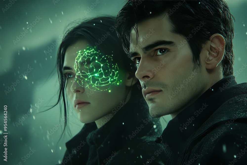 Poster cognitive skills love affair a couple with illuminated brains and glowing connections representing t