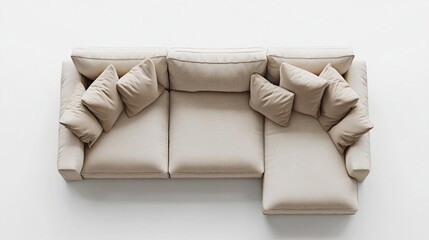 A modern, beige sectional sofa with plush cushions, ideal for comfortable lounging.
