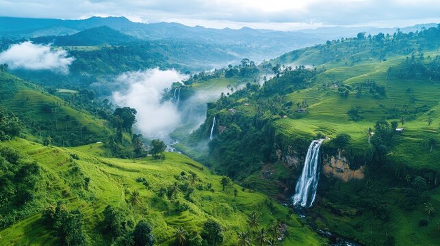 Bird's-eye view of the scenic landscapes and rice terraces around Ella, with waterfalls and misty hills