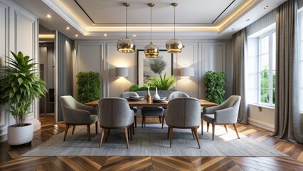 A refined dining room features crisp white walls, rich wood floors, and sumptuous gray furnishings, illuminated by