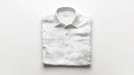 A neatly folded white shirt with a textured pattern, suitable for formal or casual wear.
