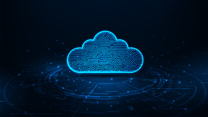 Futuristic cloud computing storage technology concept. Big data network on dark blue background.