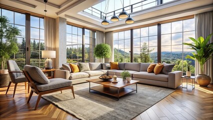 Fototapeta premium A serene and stylish oasis, this second-floor living room features a plush seating area bathed in radiant natural