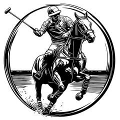 A dynamic vector illustration of a professional polo player in action, riding a horse and striking the ball, ideal for equestrian and sports-related designs.
