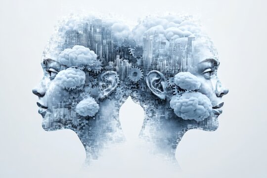 Brain learning Love affair A digital sculpture of a brain made of interconnected faces symbolizing the collective consciousness the shared human experience and the unity of thought