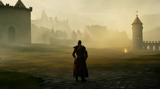 A man in a metal suit is standing and observing the view. In a castle environment