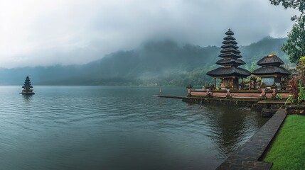 Obraz premium Panoramic shot of Balias Ulun Danu Beratan Temple on the shores of Lake Beratan, with misty mountains behind