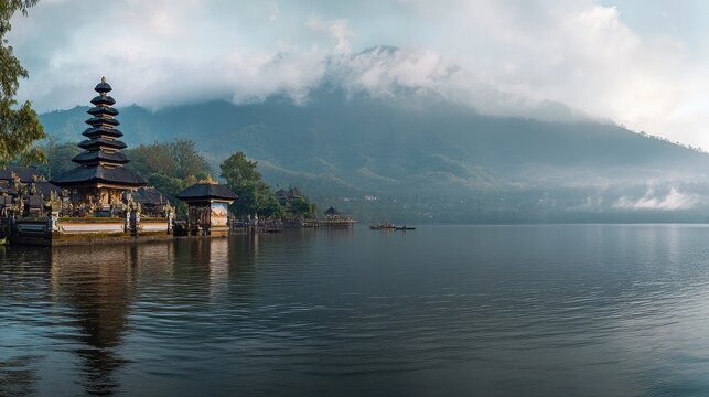 Panoramic shot of Balias Ulun Danu Beratan Temple on the shores of Lake Beratan, with misty mountains behind